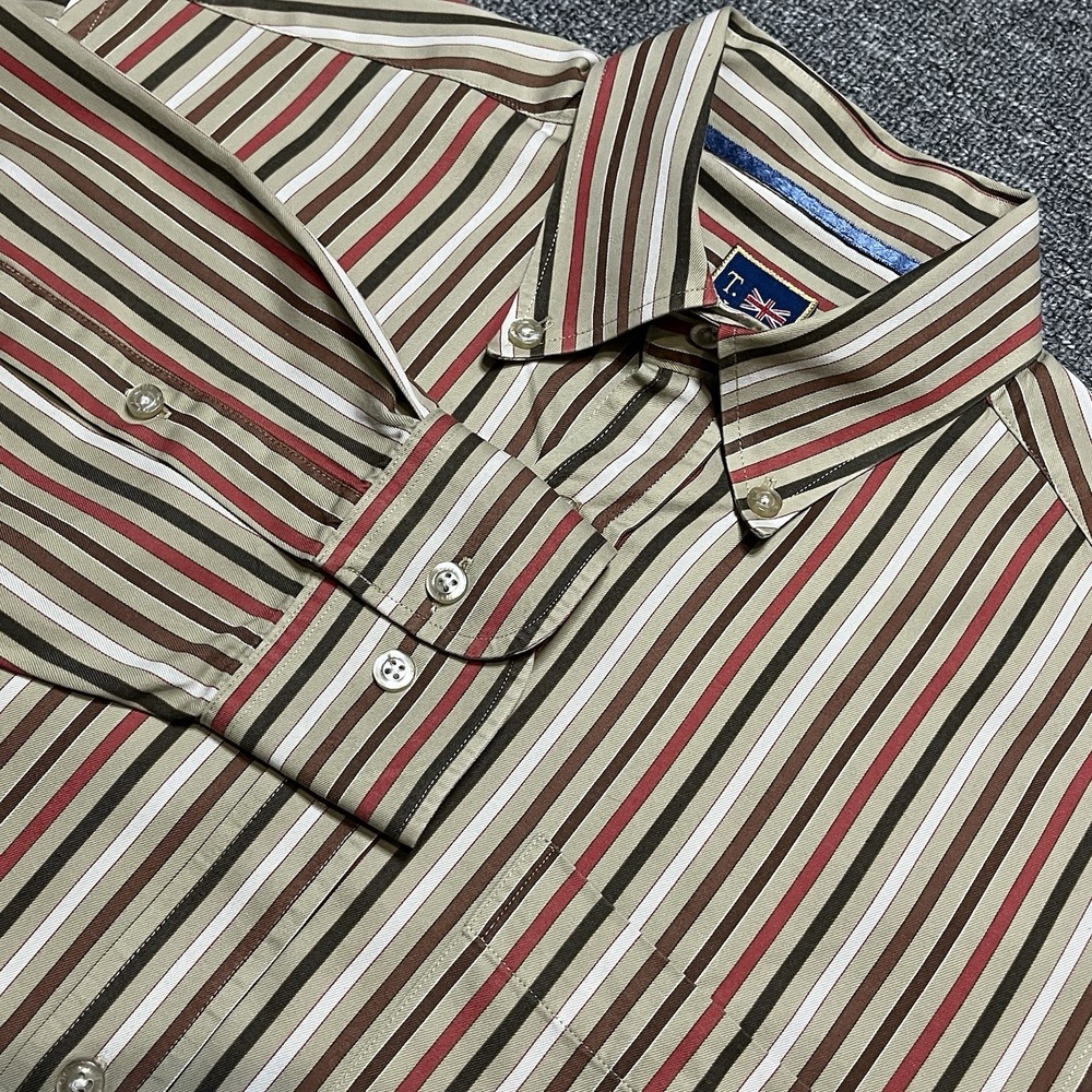 T. Harris London Beige Brown Red Striped‎ Long Sleeve Button Shirt Size M